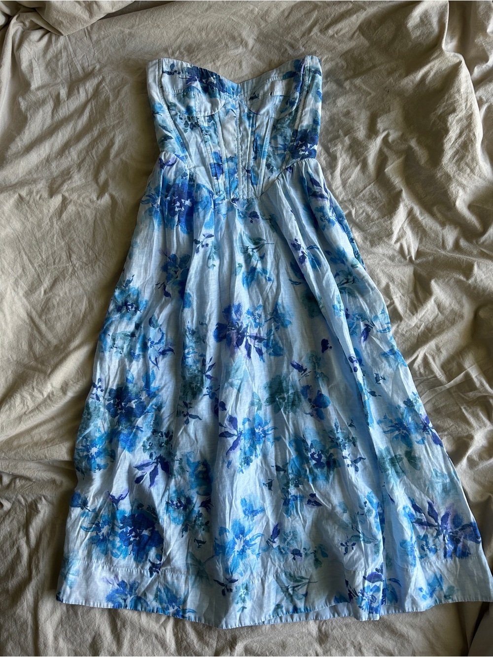 Bardot Small Strapless Blue Floral Midi Dress